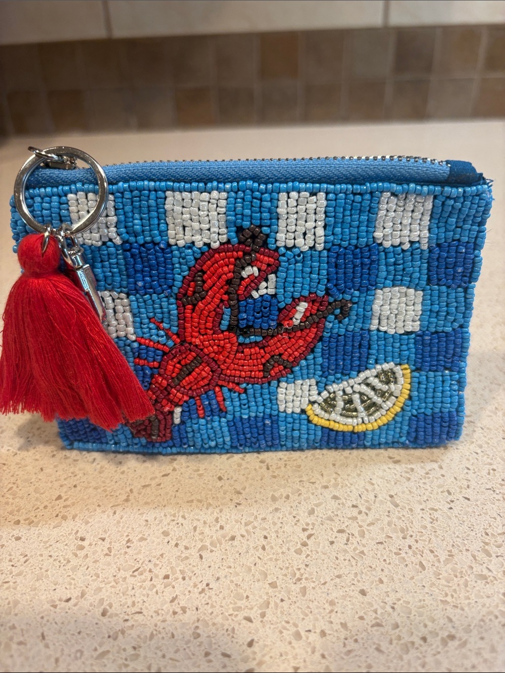 Beaded Blue Lobster Coin Purse with Red Tassel NEW